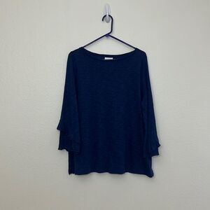 J Jill Ruffle Sleeve Top Linen Cotton Blend Blue Sz Large